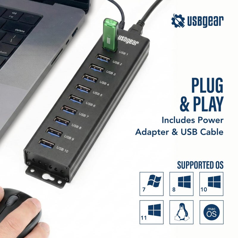 USBGear 10-Port USB 3.2 Gen 1 Mountable Charging and SuperSpeed Data Hub with 5V/4A Power Adapter and USB Type-A to Type-B Cable Up to 900mA per Port Charging Function Wall and Surface Mounting - Image 2